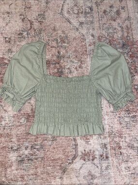 Smocked Puff Sleeve Crop Top - Sage Green